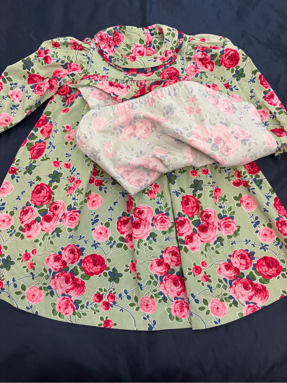 Vintage Mousefeathers Girls Green Floral Long-Sleeve Dress with Pink Rose Print - Picture 4 of 10
